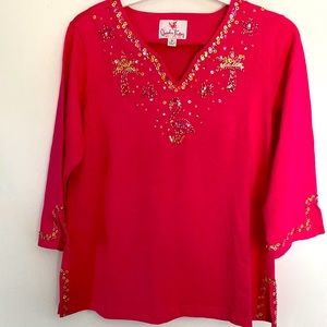 Quacker Factory 100% cotton.Special T-shirt. Bright pink w/embellishme